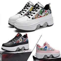 Deformation Roller Skate Shoes Professional Double Row 4-Wheel Skates Outdoor Parkour Deform Sneakers With 4 Wheels Shoes Gift