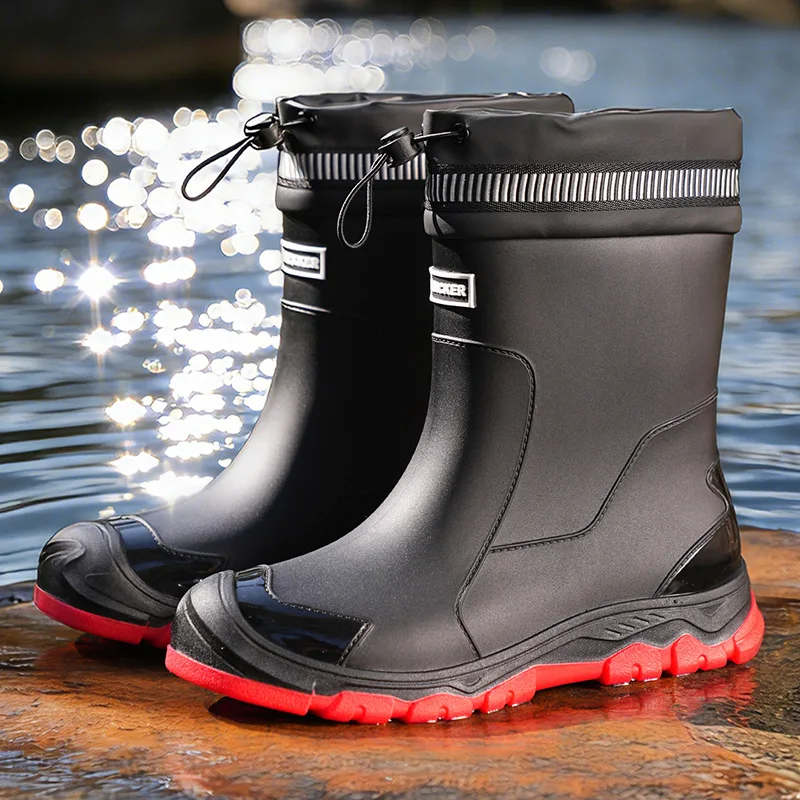 

Large Size Rain Shoes Men's Mid Tube Anti Slip and Waterproof Shoes New Fashion Outdoor Fishing Boots Warm Outdoor Rubber Shoes