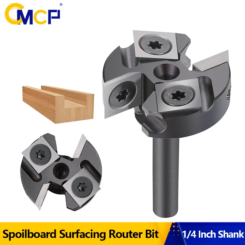 CMCP 1/4 Inch Shank CNC Spoilboard Surfacing Router Bit 2-Flute Carbide Insert Slab Flattening Router Planer Bit for Wood