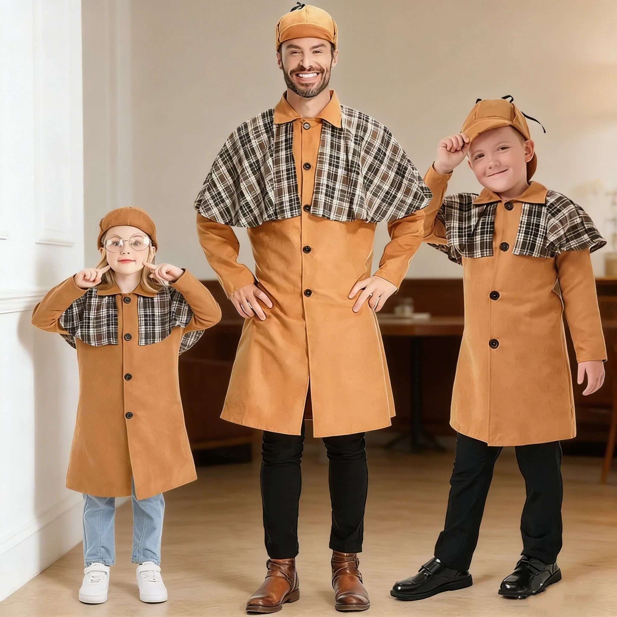 

Adult Literary Male Plaid Cloak Detective Halloween Parent Enfants Reasoning Game Dress Up Enfant Cosplay Costume Doctor Suit