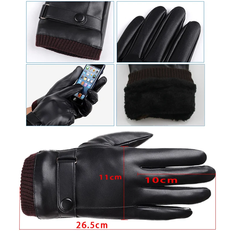 Men\'s Gloves Black Winter Mittens Keep Warm Touch Screen Windproof Driving Guantes Male Autumn Winter PU Leather Gloves Business