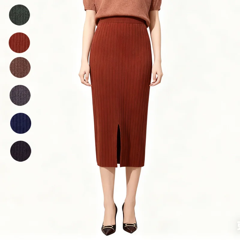 

Womens Knitted Skirts Slim Solid Ladies Elastic Band High Waist Pencil Skirt Bodycon Women Long Skirts Femme Style