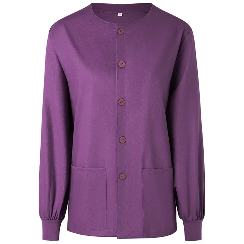 Az15 المرأة فرك سترة طويلة الأكمام الزي الطبي القمم تمتد زر الجبهة ممرضة معطف الأطباء الرعاية الصحية عمال Overa