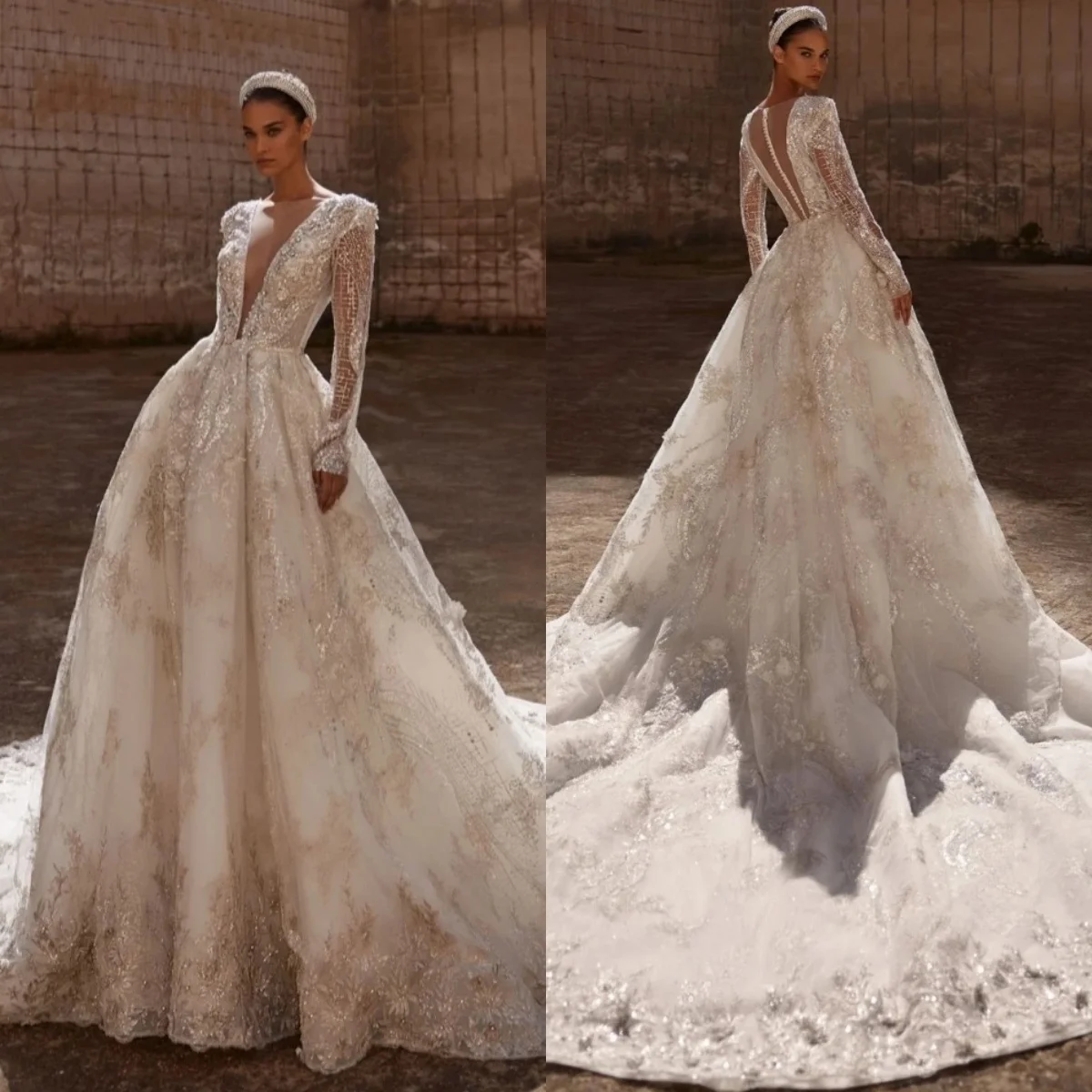 

Современные свадебные платья с аппликацией, свадебные платья трапециевидной формы, 3D цветочные блестки, бисер, длинные рукава, индивидуальные платья Vestidos De Novia