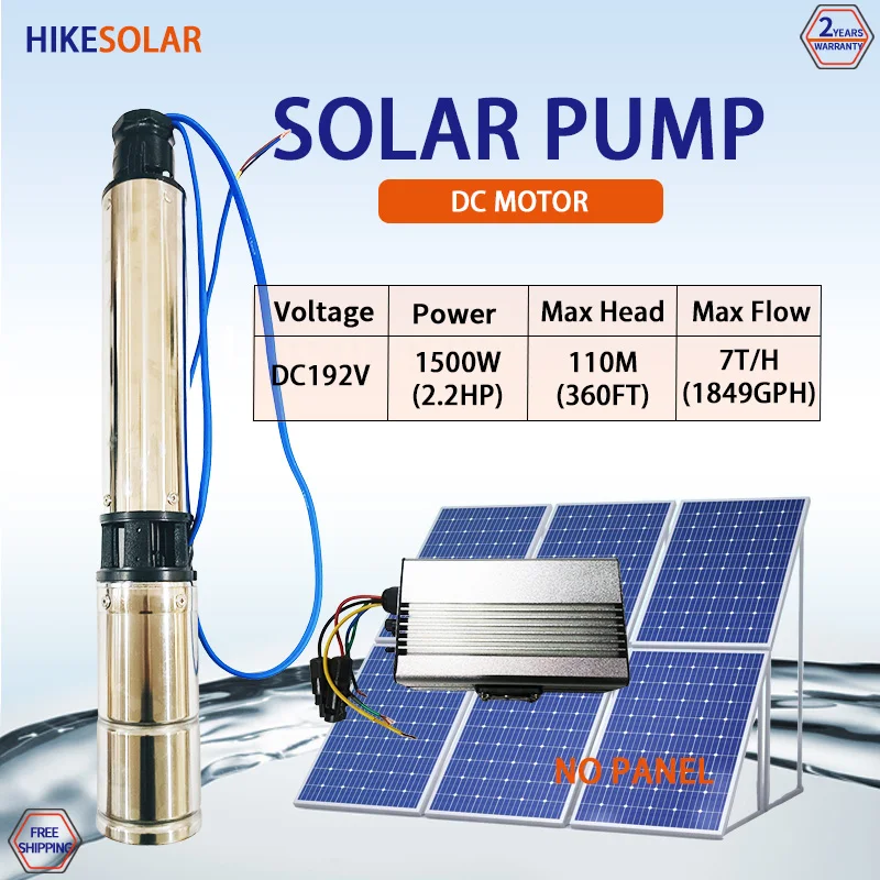 1500W 2Horsepower DC Solar Deep Well Pump Max Head 110M Flow Rate 7000L Per Hour Solar PV Brushless Irrigation Submersible Pump