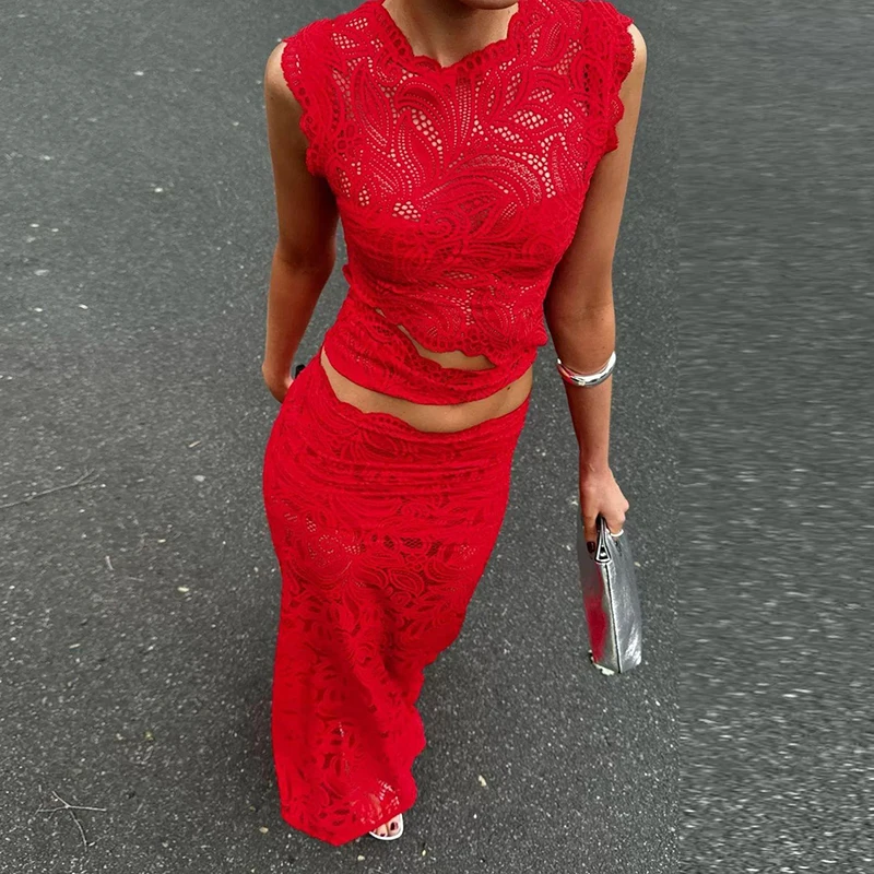 

Красный сексуальный кружевной комплект с крючком и цветком, укороченный топ с круглым вырезом и юбка «рыбий хвост», женский наряд, весна-лето, тонкий женский костюм