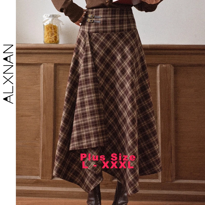 

ALXNAN винтажная клетчатая юбка больших размеров, нерегулярная клетчатая длинная юбка трапециевидной формы с высокой талией, осенняя офисная женская повседневная женская юбка D12727