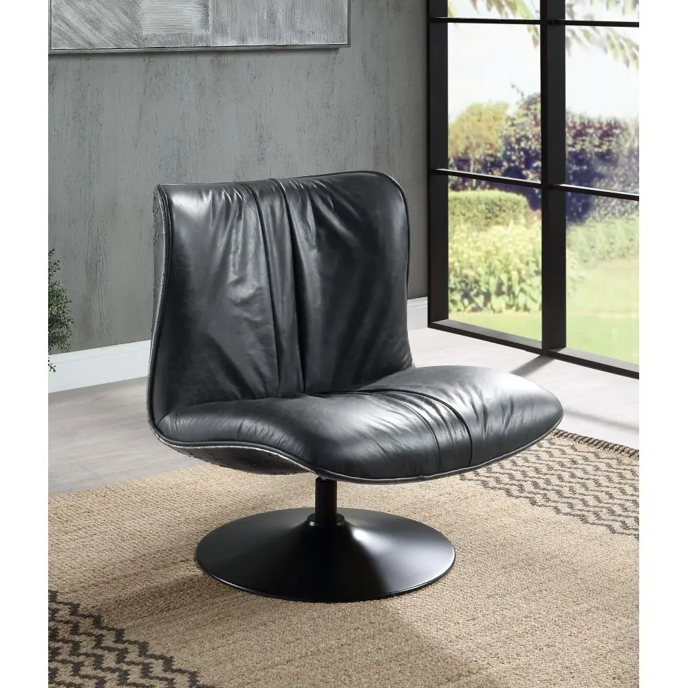 

Piotr Black Leather Accent Chair Top Grain Swivel Living Room Furniture Comfortable Seat Home Decor