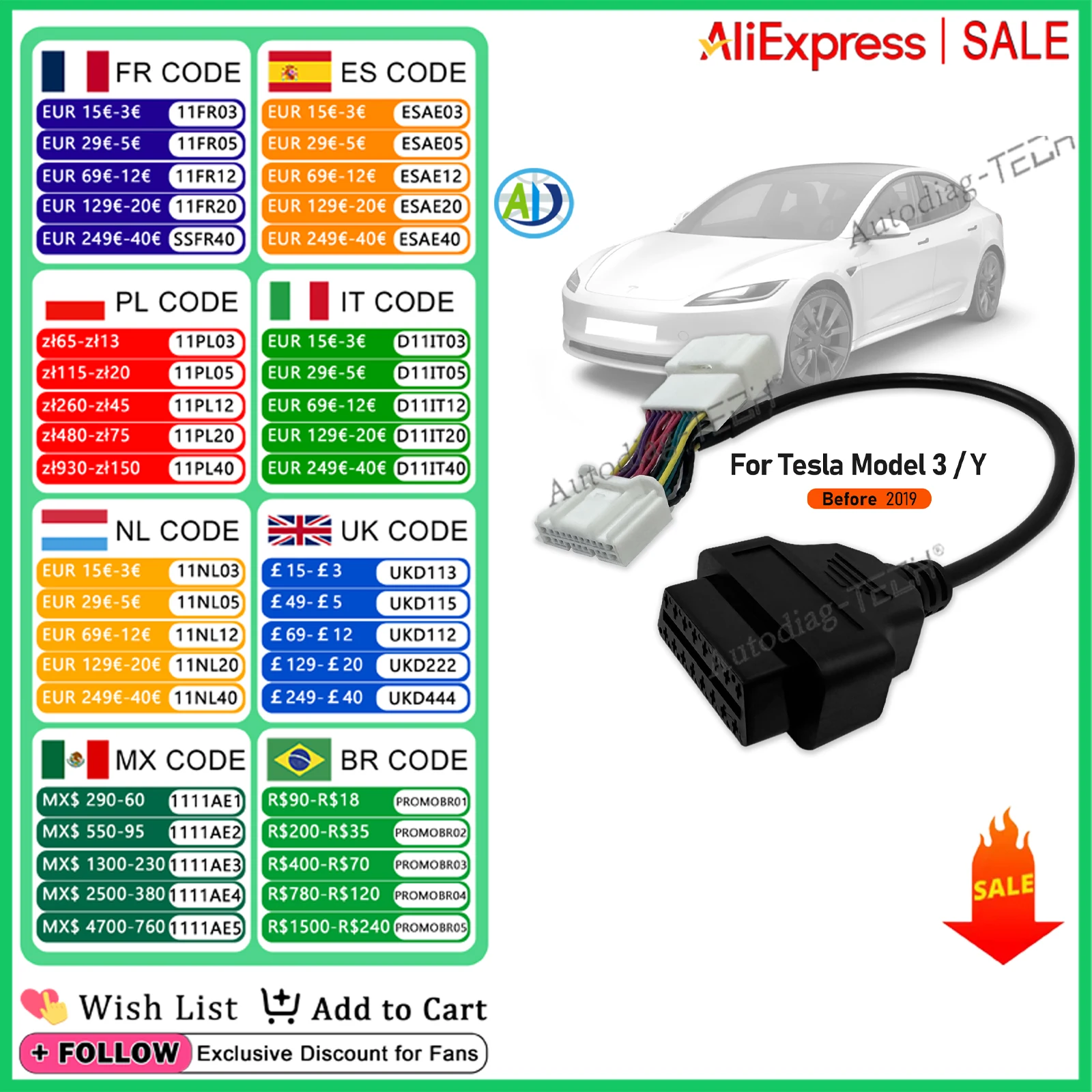 

20pin OBD Connector for Tesla Model 3 before January 2019 For X431 OBD2 Diagnostic Adapter Cable 20pin Male/Female to OBD2 16pin