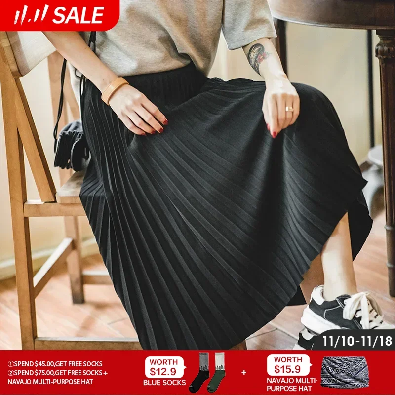 

Maden Vintage High Waist A-line Pleated Skirts Korean Fashion Casual Commuter Black Long Skirt Solid Color Luxury Bottoms