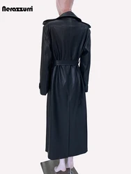 Nerazzurri Spring Extra Long Waterproof Black Pu Leather Trench Coat for Women Shoulder Pads Double Breasted Korean Fashion 2024