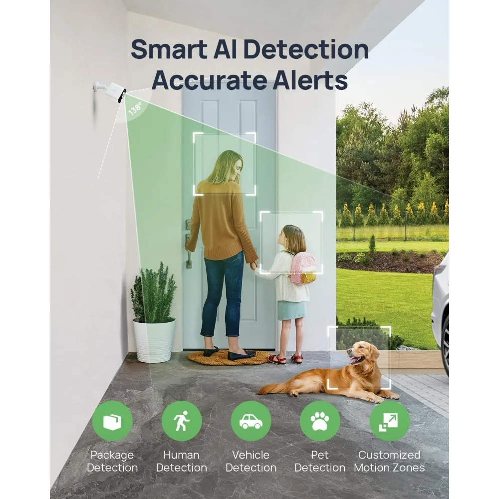 كاميرا lucio 2.5k الأمنية بطارية خارجية لاسلكية مع رؤية ليلية ملونة و138 °   فوف، كشف متعدد الأشياء،