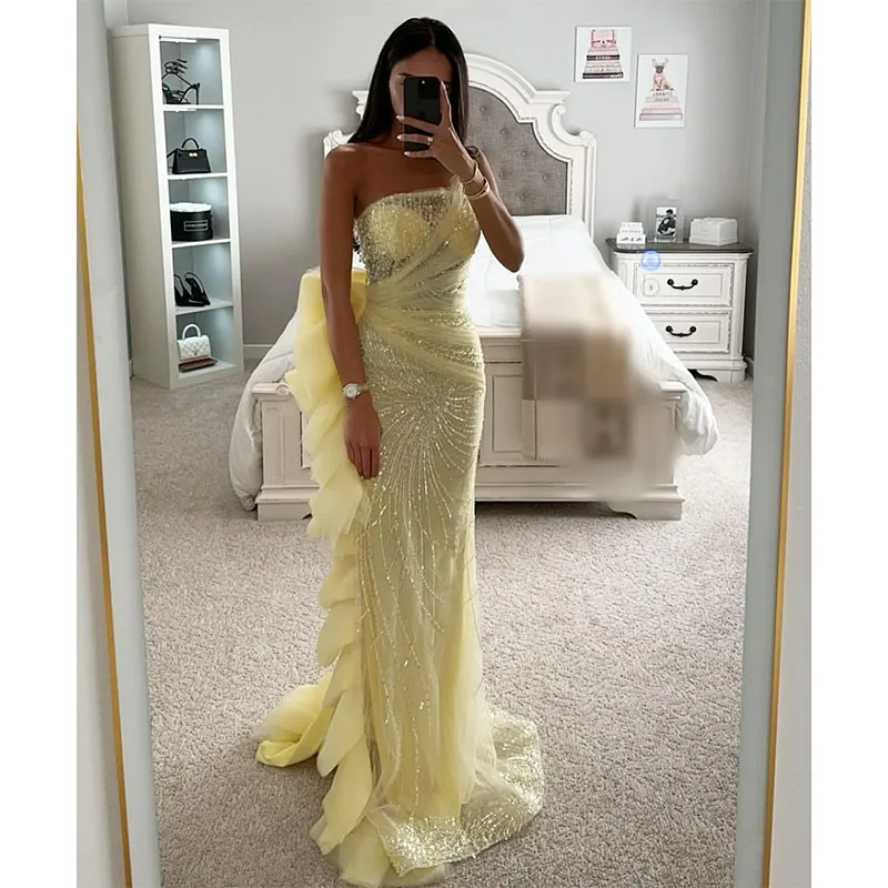 Stunning Yellow Mermaid Prom Dress Crystal Strapless Evening Dresses Elegant Side Ruffle Formal Dresses for Women