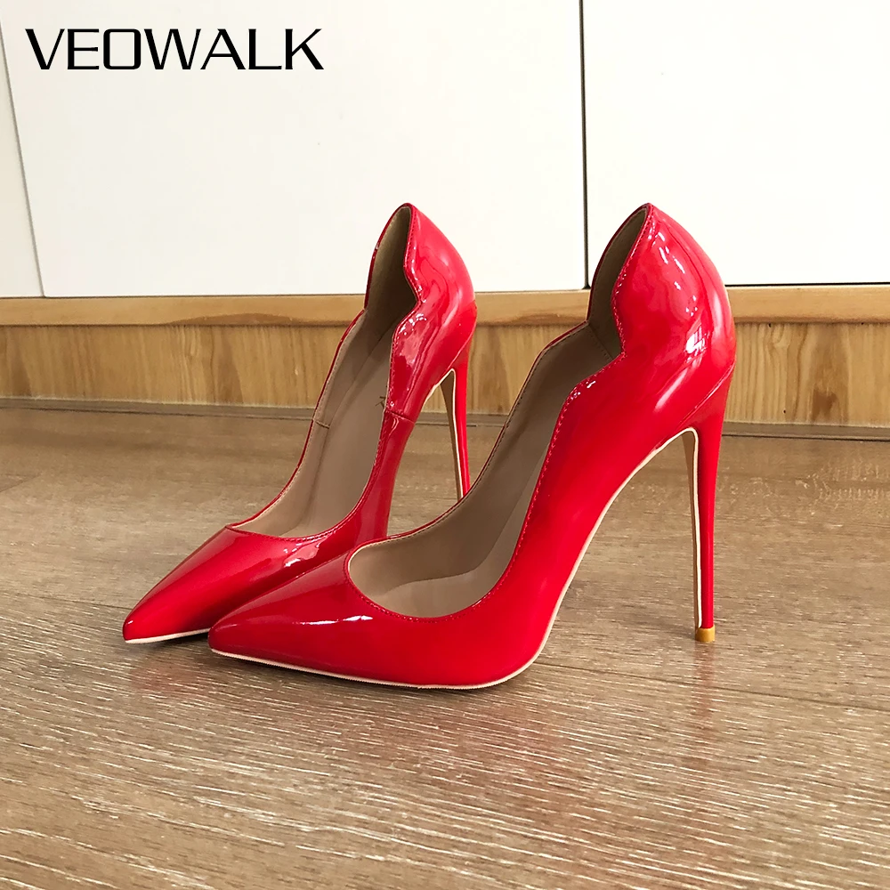 Veowalk V Side Cut Women Red Patent Pointy Toe Stiletto Pumps Sexy Ladies Wedding Bridal High Heel Shoes Colors Customize