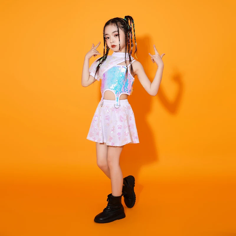 Kids Sequined Show Outfits Teenage Hip Hop Clothing Crop Tank Tshirt Skirt Mini for Girls Cool Jazz Dance Costume Clothes 3 PCS