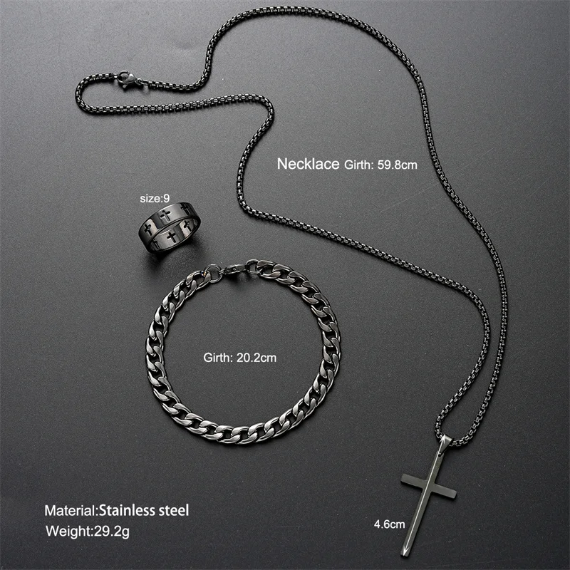 Black Titanium Steel Cross Pendant Necklace for Men Women Minimalist Male Female Chokers Box Chain Necklace Party Jewelry Set