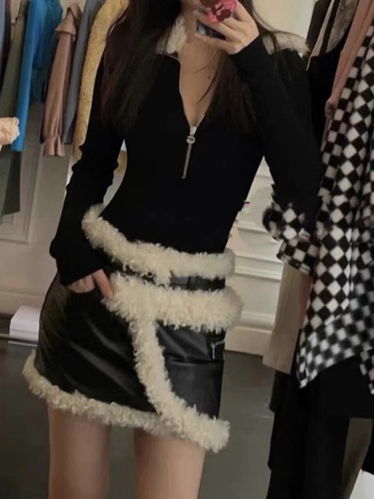 Falda de cuero PU con empalme de piel sintética de American High Street, diseño Sensation, falda acampanada ajustada de cintura alta pequeña ence