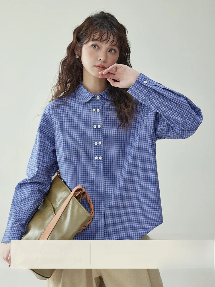 

Оригинальная женская рубашка AMUU в японском стиле с клетчатым воротником-стойкой, из чистого хлопка, на пуговицах, с длинным рукавом, весенняя, для ношения под одеждой, свободного кроя