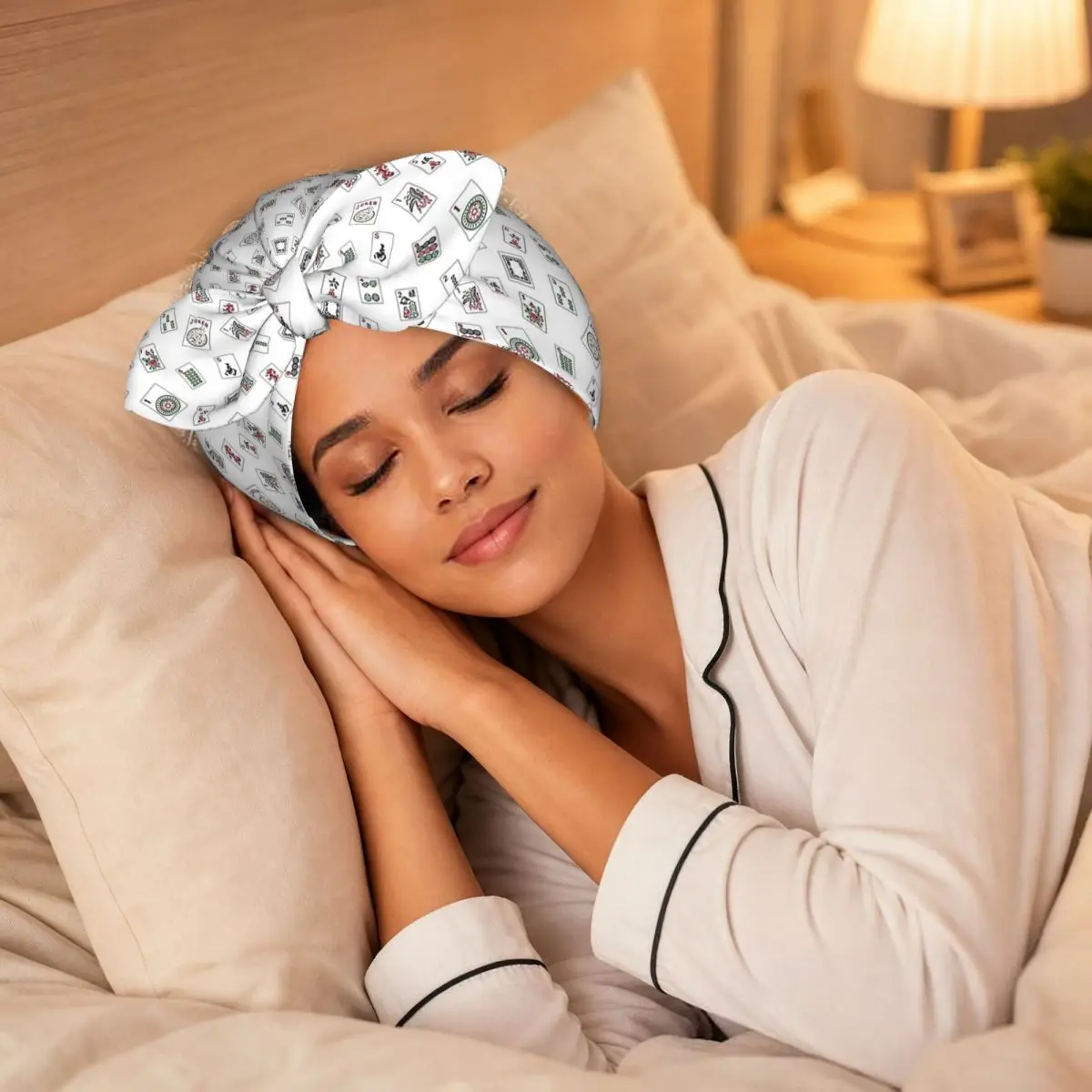 White Mahjong Sleep Bonnet Double Layer with Adjustable Bow, Reversible Hair Cap for Curly Braids Hair