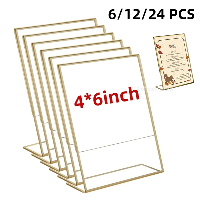 

Gold Borders Acrylic Sign Holder 6/12/24PCS Clear Display Stand Picture Frames 4*6in for Wedding Office Restaurant Menu Recipe