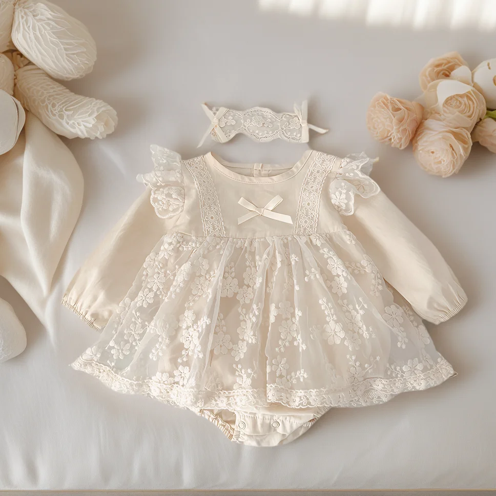 

Осенние боди для маленьких девочек, хлопковая кружевная одежда принцессы с длинными рукавами для младенцев, комбинезоны
