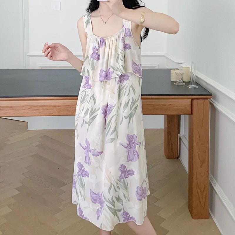 

Summer Thin Cotton Silk Sleep Dress Women's Loose Long Sleeveless Gown Home Clothes Outdoor Wearable Comfortable Nightgown