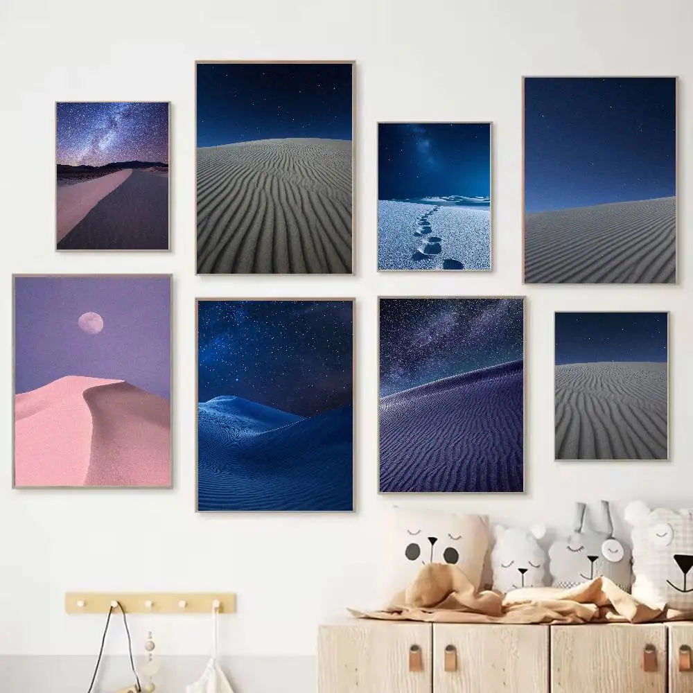 Fashion Desert Landscape Wall Print, Vast Empty Sand Dune Starry Night Sky Surreal Wasteland Nature Calm Void Dream Decor Poster