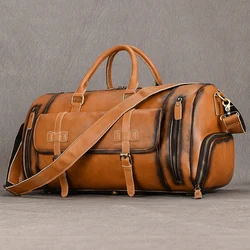 Luufan-Bolsa De Viagem De Couro Genuíno com Bolso De Sapatos Para Homens, Duffel Bag Real Vegetal, Tote Retro, Tote De Grande Capacidade