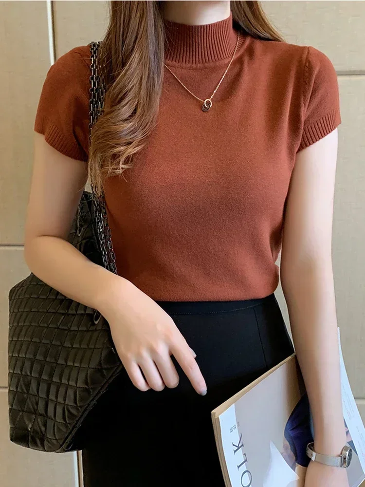 Sommer 2026 Frauen Gestrickte T-Shirts Kurzarm Shirts Tops Weibliche Elastische Dünne Beiläufige Stricken T Crop Tops frauen T-Shirts