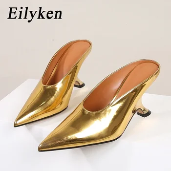 Eilyken-ハイヒールミュール,女性用スリッパ,ウェッジ付き,浅い先のとがったつま先,パーティードレス,新しいデザイン