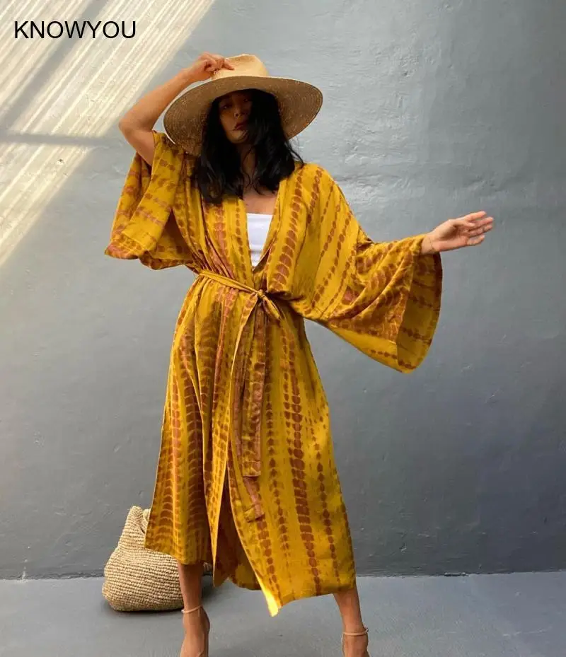 Boho Streifen Tie Dye Badeanzug Cover Up Kimonos Ponchos Bikini Beachwear Strand Robe Femme Langes Kleid Tunika Sarong Strickjacke