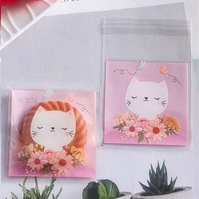 100pcs/lot Cute Cat Flower Gift OPP Bags Plastic Self-adhesive Candy Cookies Biscuits Packaging Bags Wedding Decorations