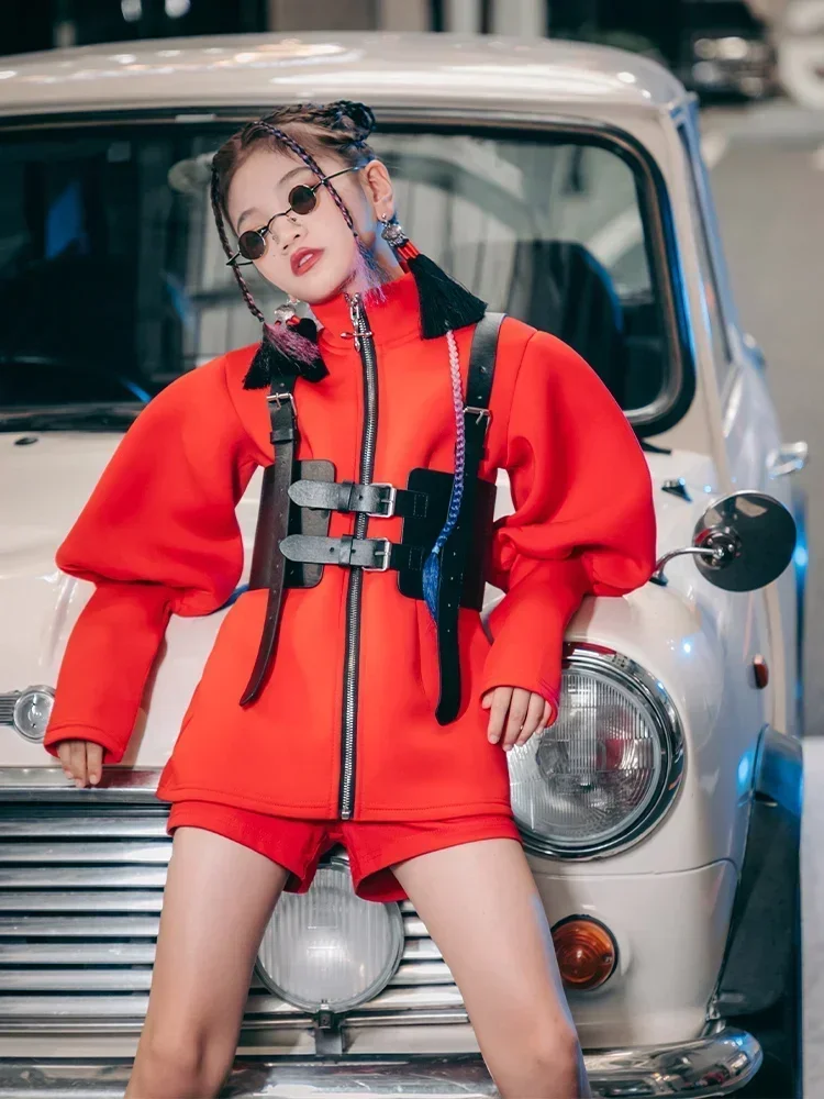 K-pop Stage Outfit for Girl 3 Pcs Long Sleeve Red and Black Autumn and Winter Clothes Hip-hop Jazz Street Dance Costume