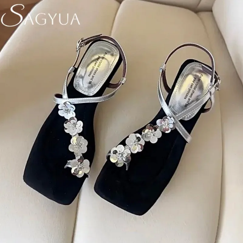 

Flower Square Toe Women Clip Toe Heeled Sandals Woman Casual Loafers Shoes 2025 Fashion Slingback Summer Dress Shallow Sandalia