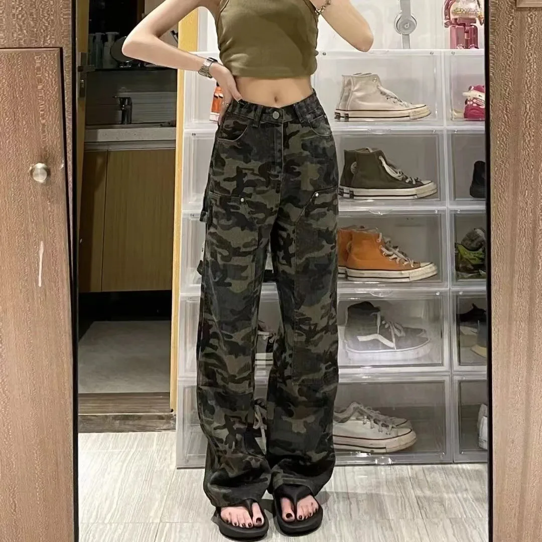 

Four Seasons Women's American Vintage Loose High Waist Straight Camouflage Wide Leg Cargo Pants Casual Street Trendy Trouser