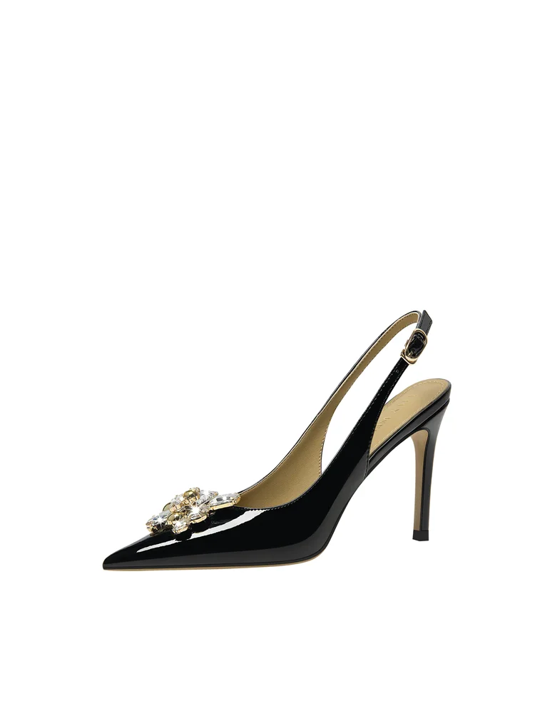 Summer new pointed patent leather crystal small size sandals for banquets large size widened version slim high-heeled women shoe
