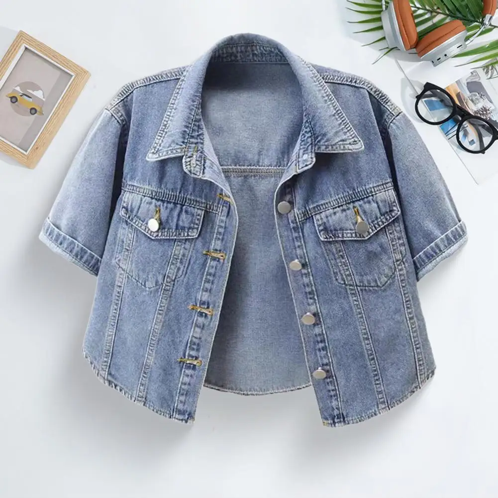 Women's Cropped Denim Jackets Lapel Button Down Trucker Jean Jackets Summer Short Sleeve Casual Coat Regular Fit Denim Jacket