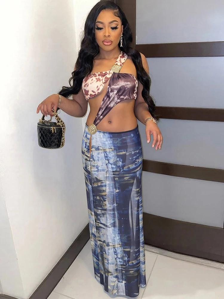 فستان ماكسي غير متماثل برقبة مائلة من Sisterlinda فستان مثير بفتحة عالية ومطبوع بألواح فستان Mujer رداء حفلات منتصف الليل #1