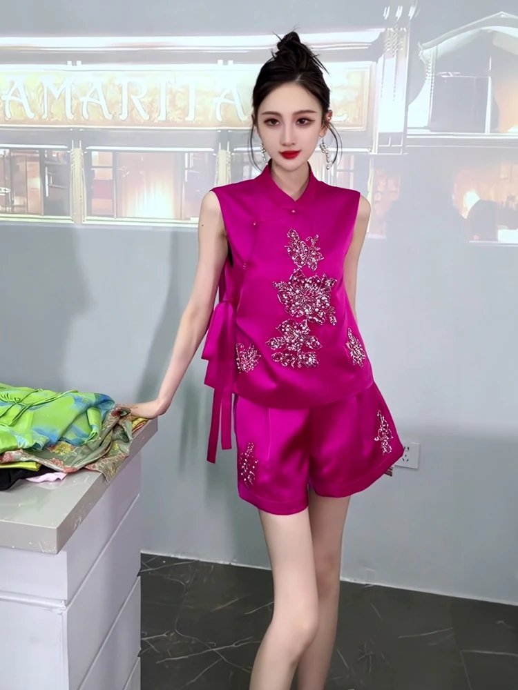 

New Chinese style 2025 summer new feminine temperament high-end sense lace-up vest wide leg pants solid two-piece set