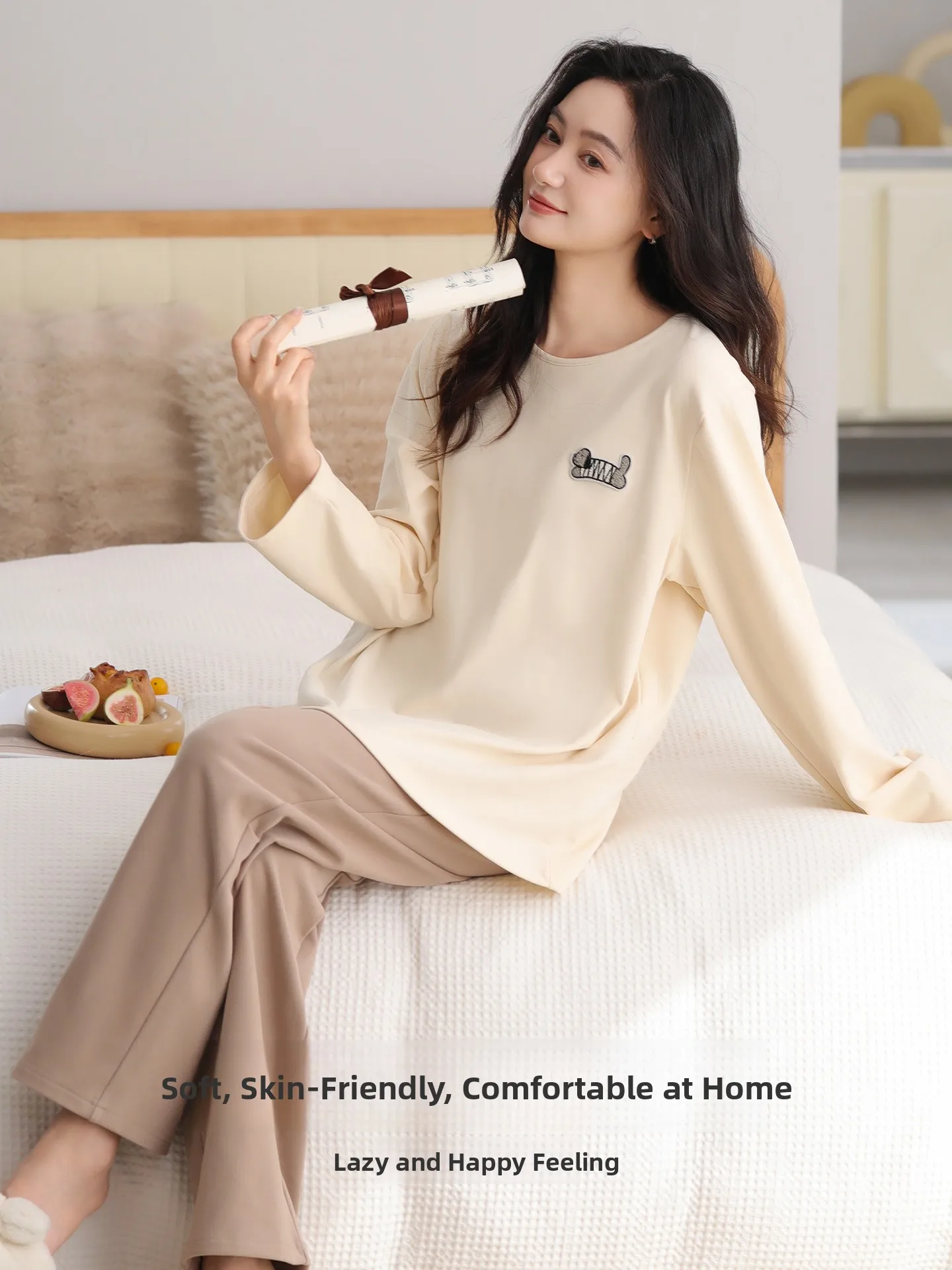 Double-Sided Flocking Long Sleeve Sleepwear Women's Style Winter Warm Home Clothes Soft Polyester Elastic Fiber Straight Leg
