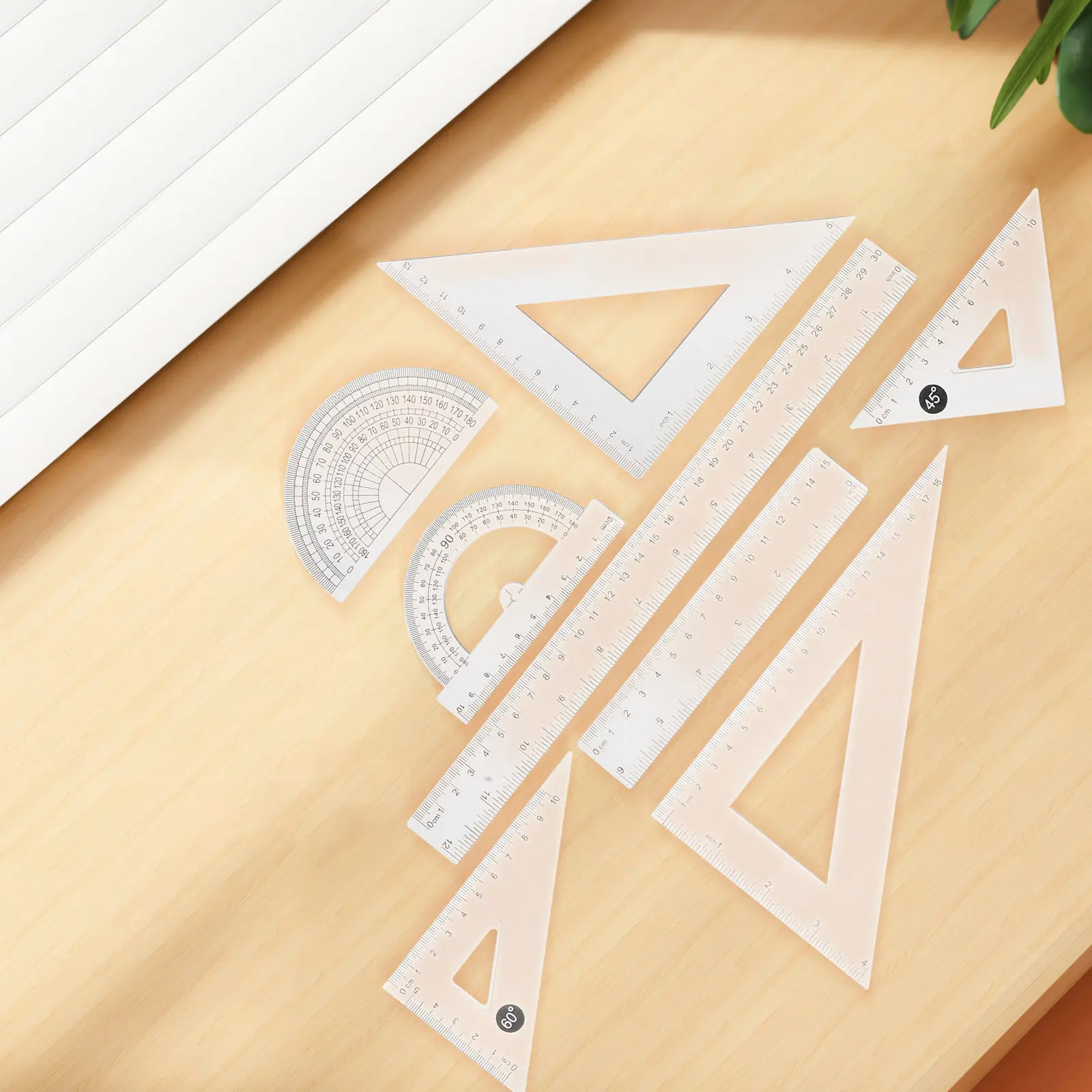 8Pcs Transparent Geometry Ruler Set Clear Protractor Straight and Triangle Rulers for School Math Drawing and Measuring