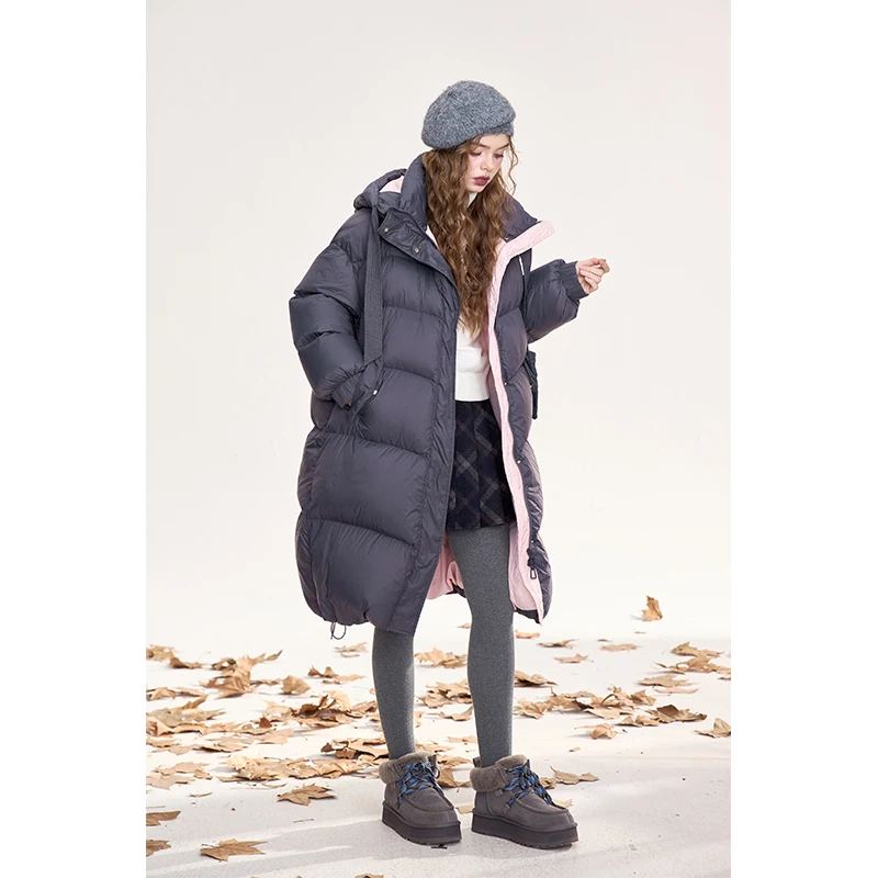 ELFSACK Minimalist Casual Pink Purple Color Block Hooded Puffy Long Down Coat For Women