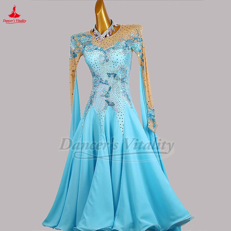 Standaard Sociale Dans AB Stenen Lange Mouwen Jurken voor Vrouwen High-end Aanpassen Quickstep Foxtrot Wals Voer Wedstrijd Kleden