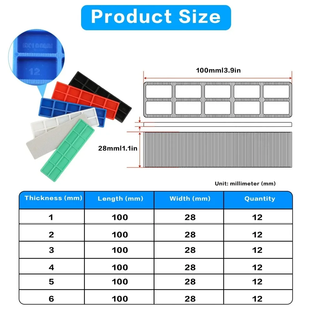 72 قطعة من الحشوات البلاستيكية (100 × 28 مم) - 6 مقاسات لتزجيج وتباعد الباب/النافذة