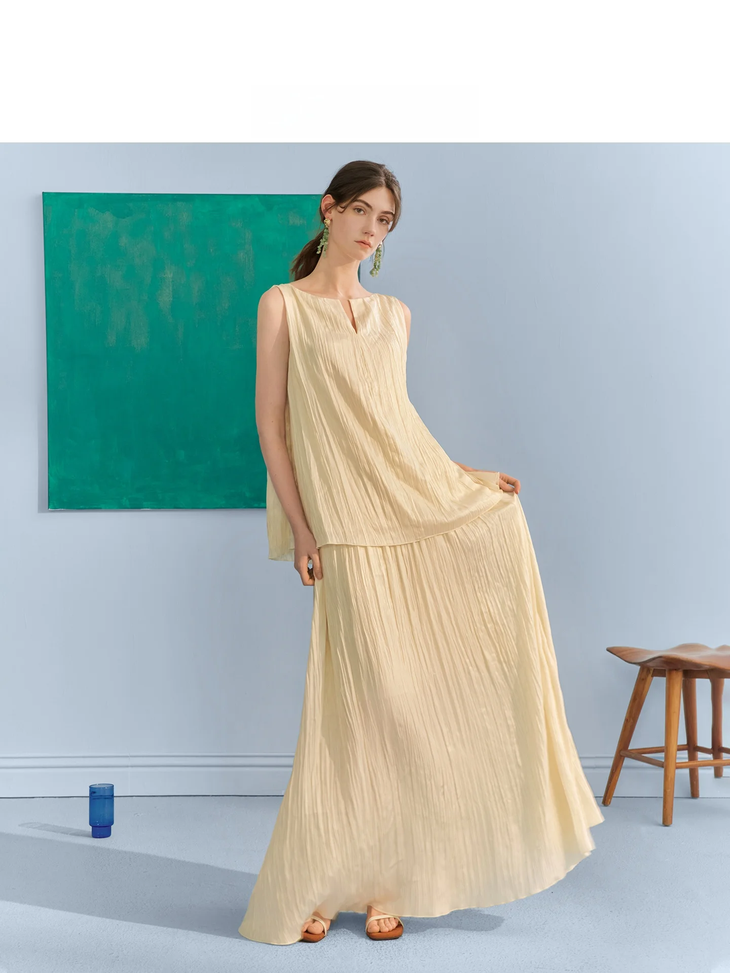 

Elegant Texture Set Dress Women's Sleeveless One-Shoulder A-Line Skirt Two-Piece Suite Spring Summer Fashion Ensemble