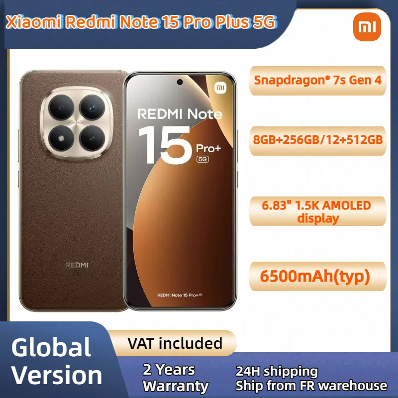 Xiaomi Redmi Note 15 Pro Plus 5G Version Globale Snapdragon ®   7s Gen 4 NFC 6,83 pouces 1,5K AMOLED 200MP caméra principale 6500mAh 100W fast charging 120Hz