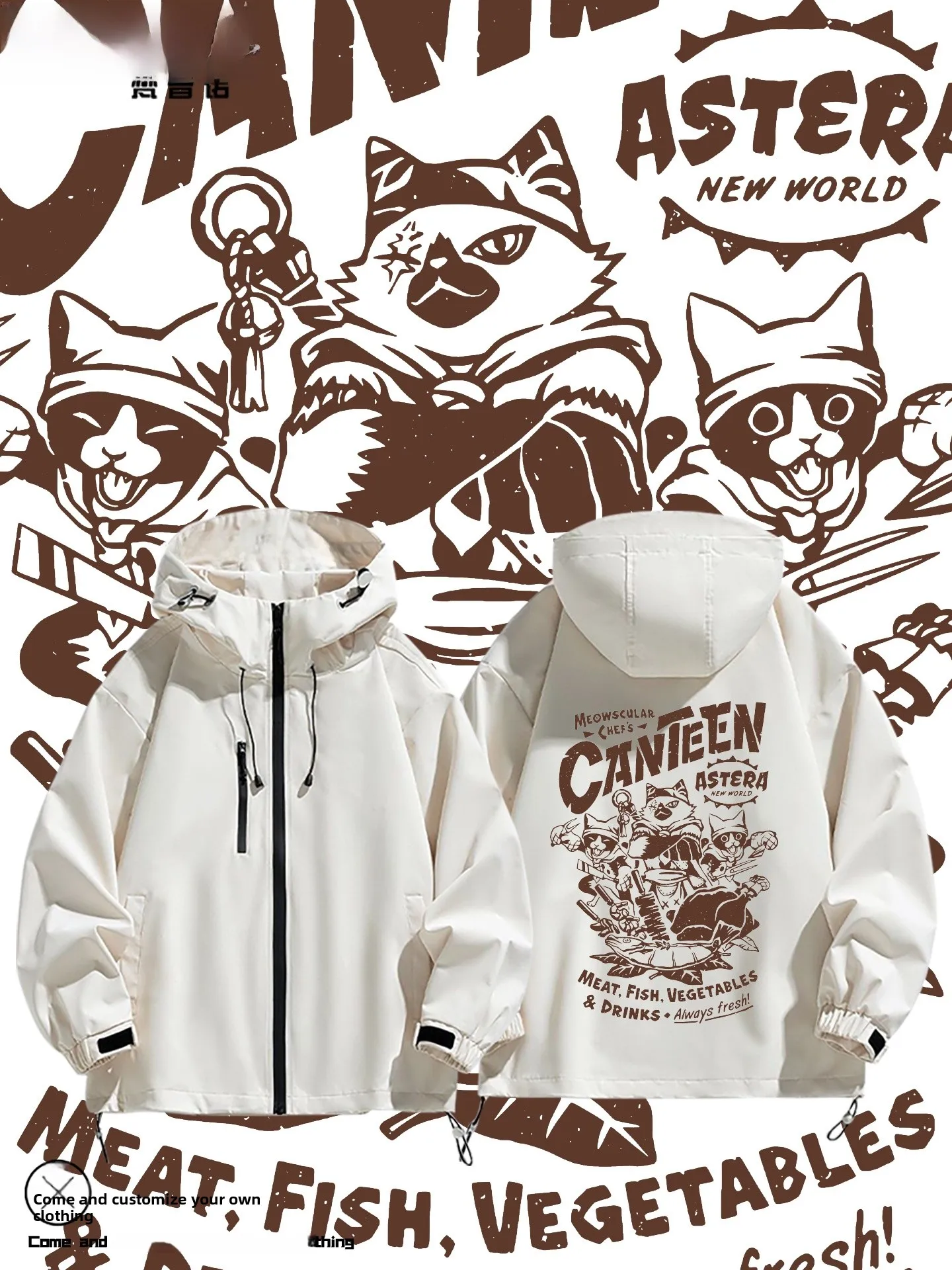 Monster Game Chef Cartoon Collaborative Men's Jacket Autumn Winter Casual Style Polyester Fiber Zipper Closure Hooded