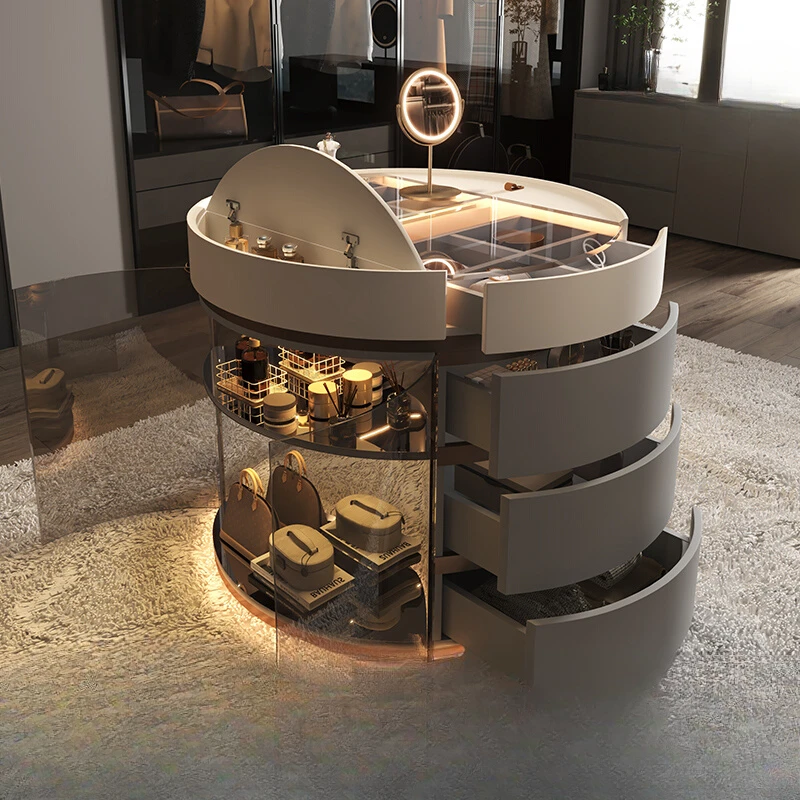 

Round rotating mobile jewelry display cabinet Bedroom storage cabinet Double-sided storage Simple makeup counter cabinet