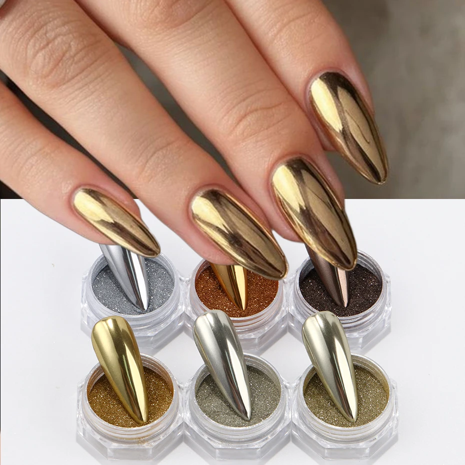 6 Stück goldenes metallisches Spiegel-Glitzer-Nagelkunstpulver, ultrahelles Chrom, magischer Spiegeleffekt, Reibglitzer für Maniküre-Dekoration