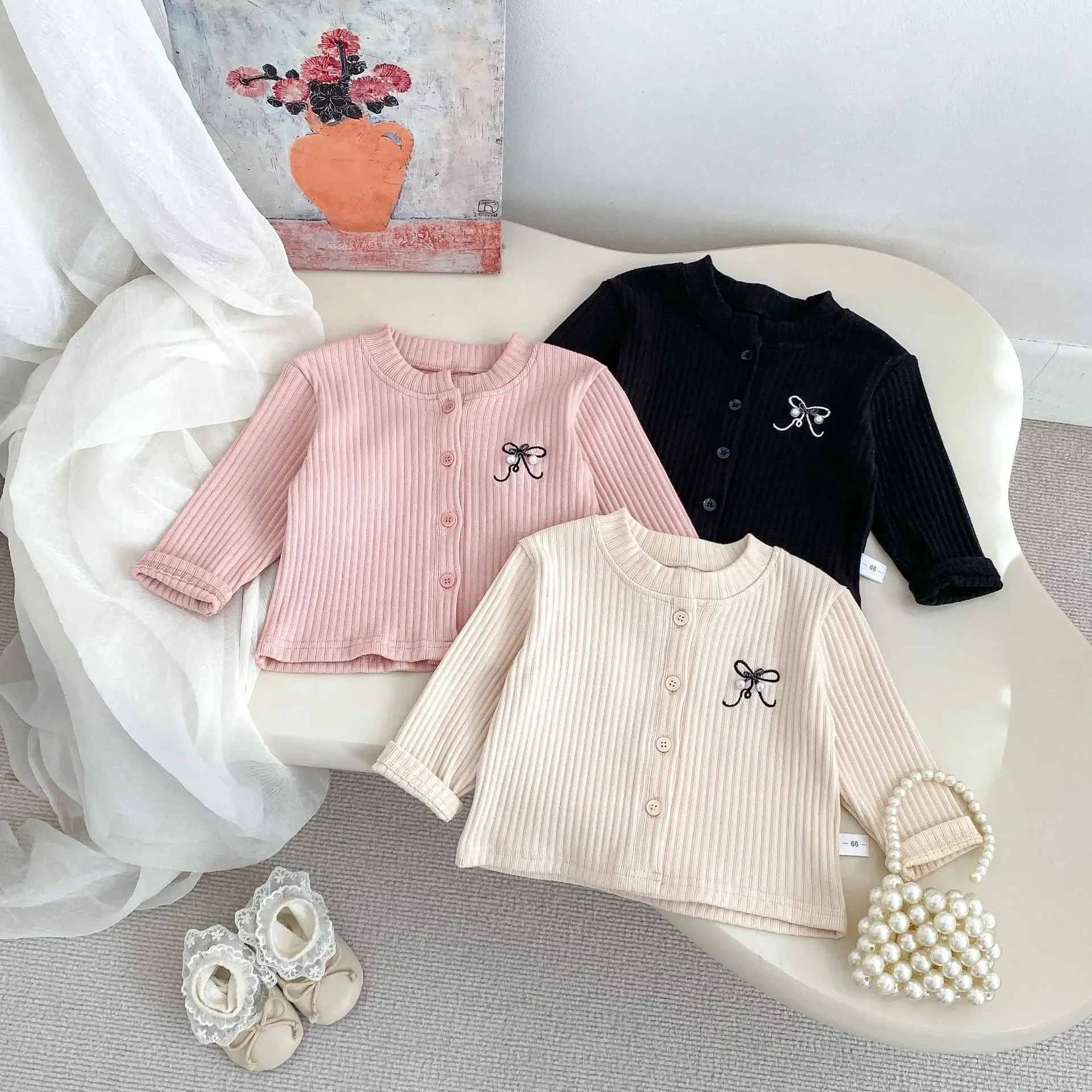 5308 Baby Clothes Spring 2025 Female Baby Joker Pit Coat Bow Embroidered Cardigan Or Bell Bottoms Pant